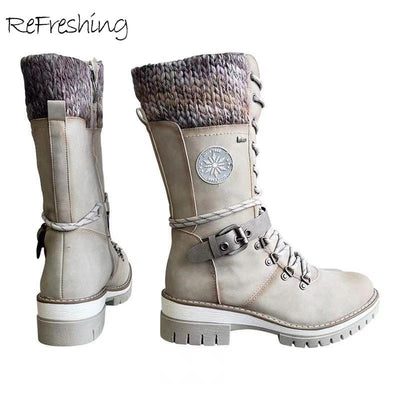 Women Buckle Lace Knitted Mid-calf Boots