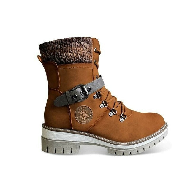 Women Buckle Lace Knitted Mid-calf Boots