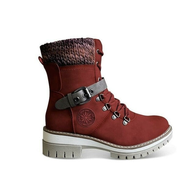 Women Buckle Lace Knitted Mid-calf Boots