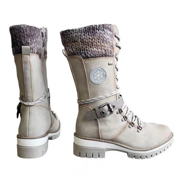 Women Buckle Lace Knitted Mid-calf Boots