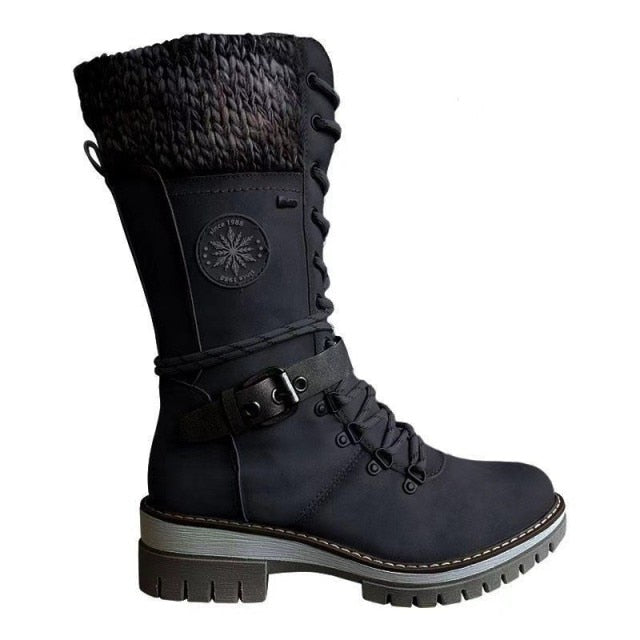 Women Buckle Lace Knitted Mid-calf Boots