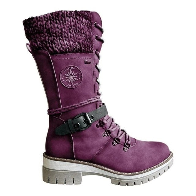 Women Buckle Lace Knitted Mid-calf Boots